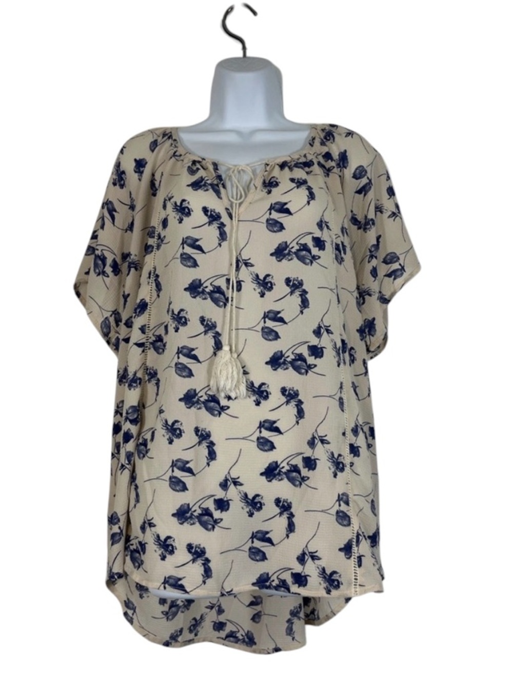 Siren Lily Women’s 3X Floral Boho Blouse Cream Blue Tassel Tie Top